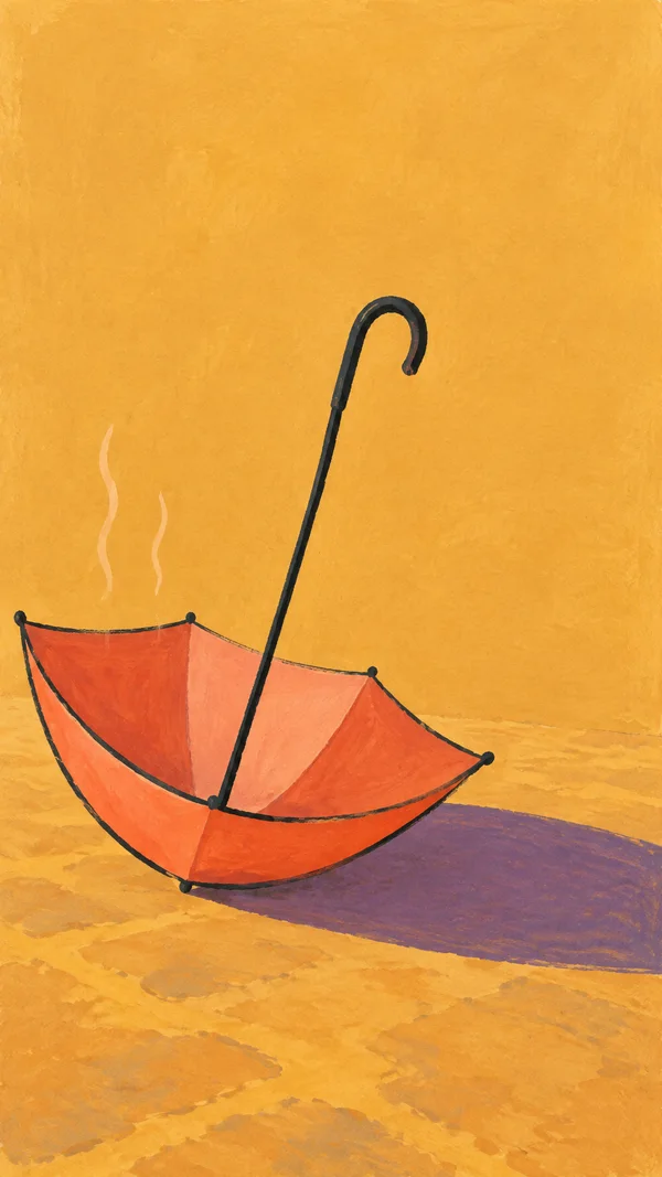 A coral umbrella lies open upside down on ochre pavement, its dark shaft rising diagonally to a hooked handle.