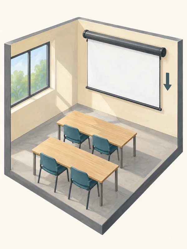 An empty cutaway training room with a large white projection screen and downward arrow on the right wall, two pale oak tables, and four teal chairs.