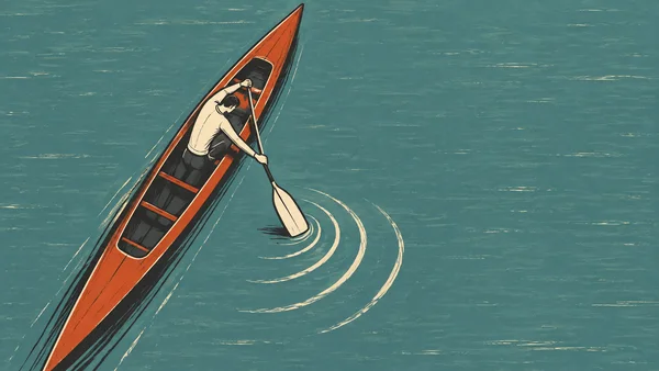An overhead editorial-style illustration shows an adult leaning forward to paddle a long burnt-orange canoe across muted teal water, with three cream ripple…