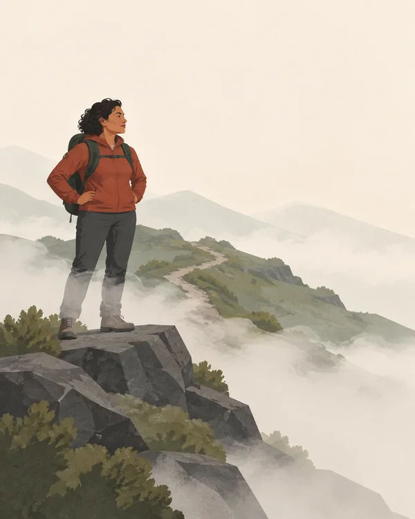A woman in a rust-colored jacket and hiking gear stands with her hands on her hips on a dark rock ledge, looking toward a winding trail across a foggy, muted…