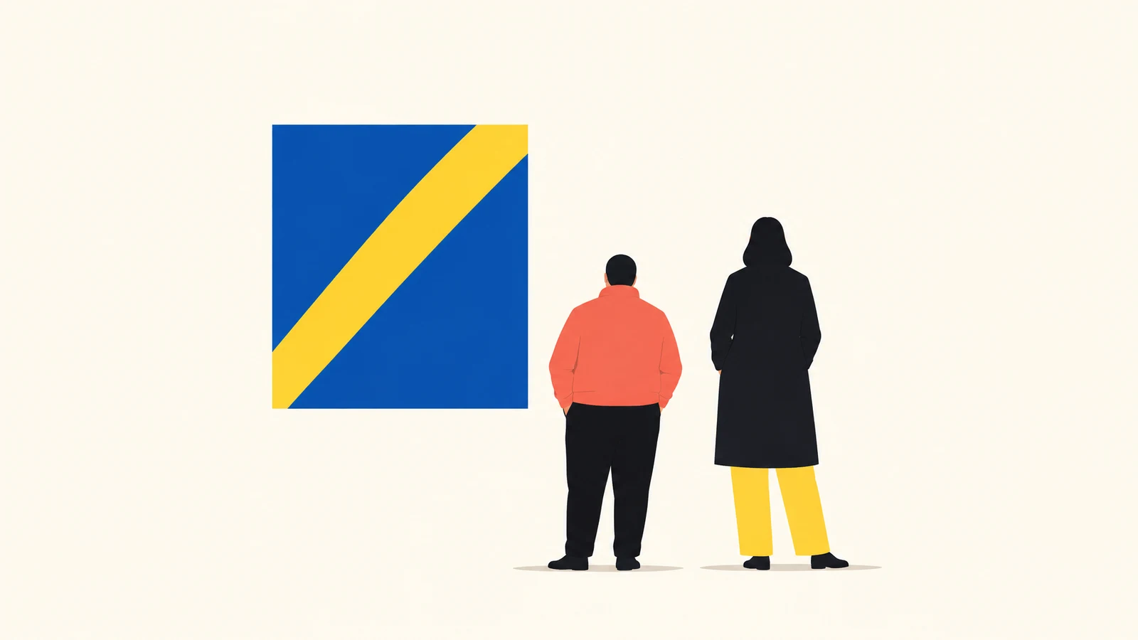Two visitors seen from behind stand in front of a cobalt rectangular painting with a broad yellow diagonal stripe.