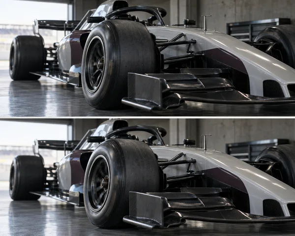 Two tightly framed, stacked views show a pearl-grey open-wheel race car with an aubergine panel inside a concrete pit garage.