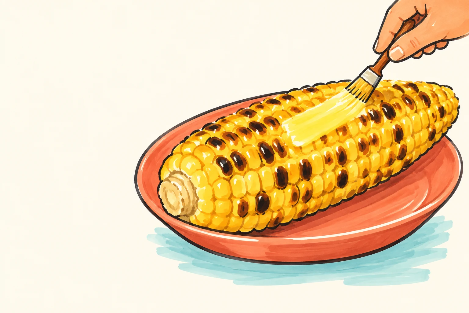 A large grilled corn cob lies diagonally on a coral plate while a cropped hand brushes a wide yellow swipe across it; pale aqua strokes sit beneath the plate…