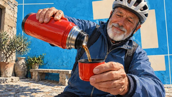 A bearded older cyclist in a helmet leans toward the viewer while pouring a stream from a vivid red thermos into a matching cup.