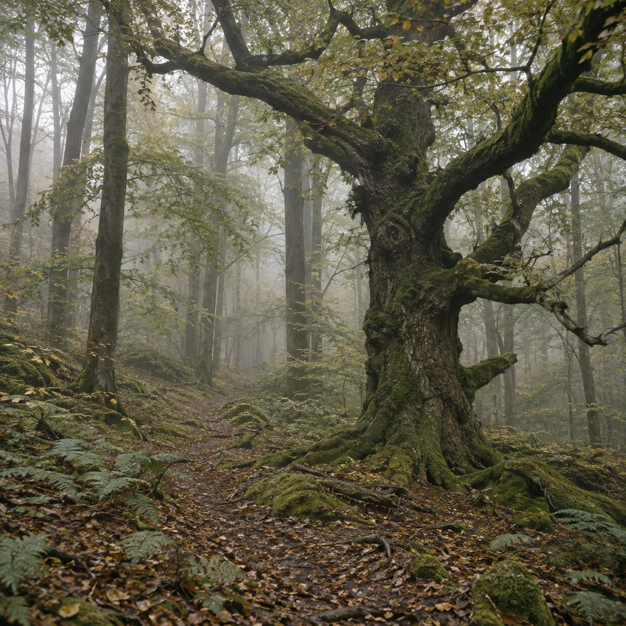 A large, gnarled oak with moss-covered limbs stands beside a leaf-strewn woodland path, surrounded by slender trunks fading into mist.