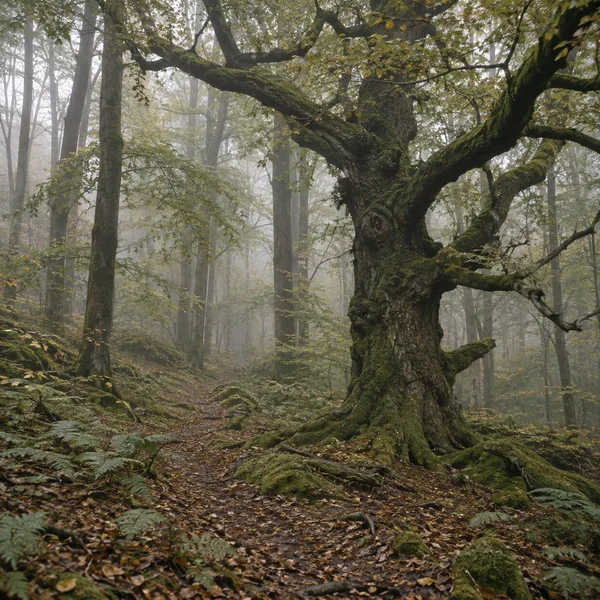 A large, gnarled oak with moss-covered limbs stands beside a leaf-strewn woodland path, surrounded by slender trunks fading into mist.