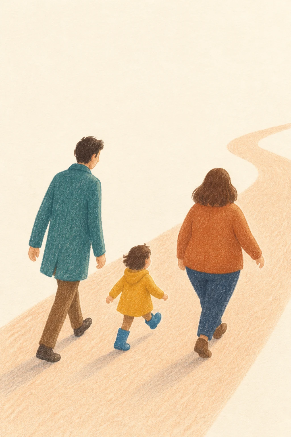 A family of two adults and a child walks away along a pale-peach curving path.