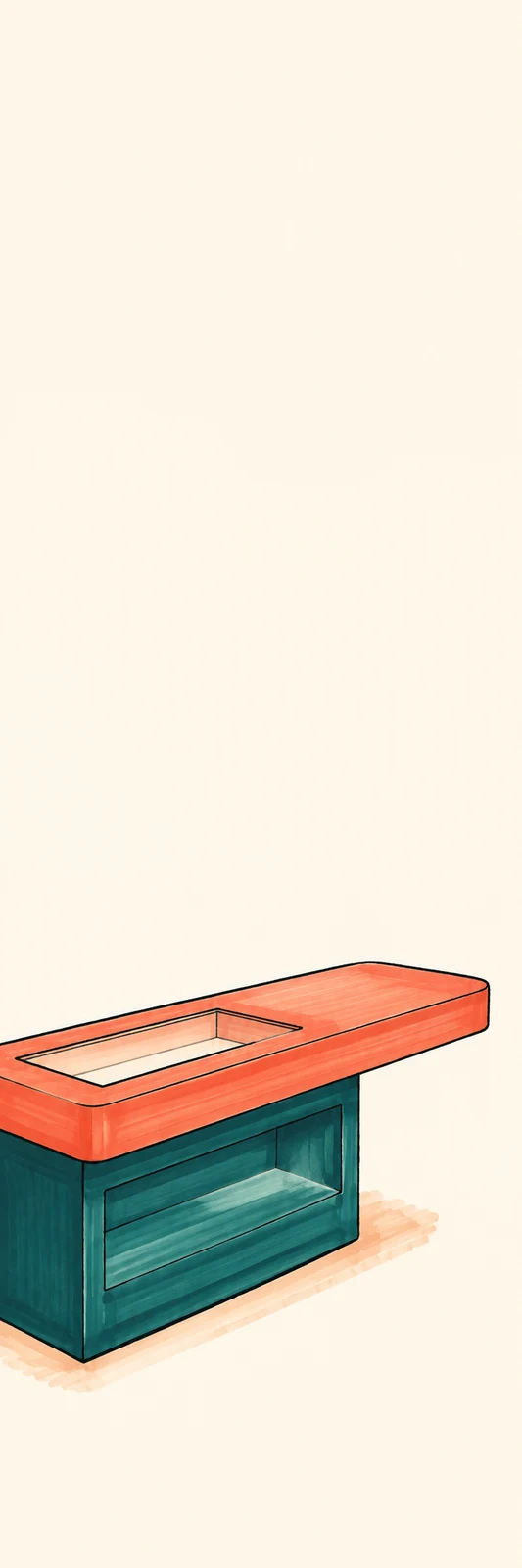 A hand-drawn shop counter with a thick coral top, an empty recessed display area, and a deep-teal base with a broad front shelf, set against a warm ivory…