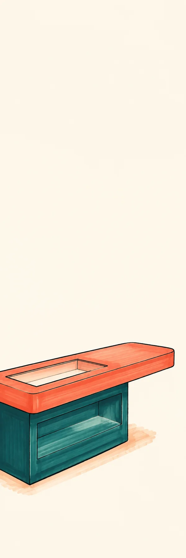 A hand-drawn shop counter with a thick coral top, an empty recessed display area, and a deep-teal base with a broad front shelf, set against a warm ivory…
