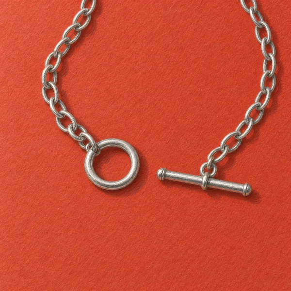 A hand-drawn silver-colored toggle necklace lies open on textured vermilion paper, with its circular ring and horizontal bar near the lower center and chain…