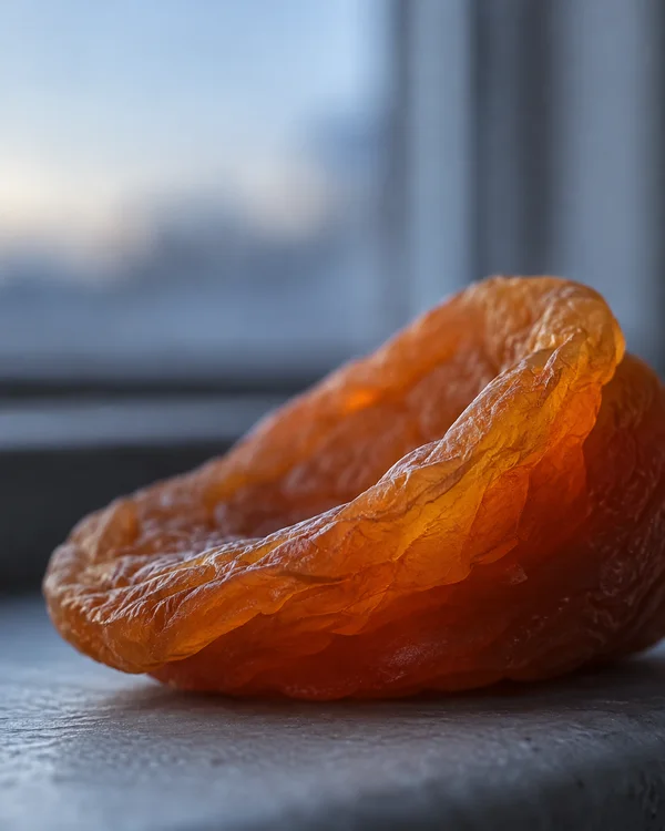 A curled orange-brown dried apricot fills the lower part of the frame on a gray textured sill, its raised, wrinkled edge lit against a cool blue-gray blurred…