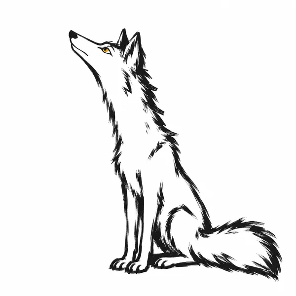 A rough black brush-and-marker illustration of a seated wolf in left-facing profile, its long neck raised toward the upper left and a bushy tail resting to the…