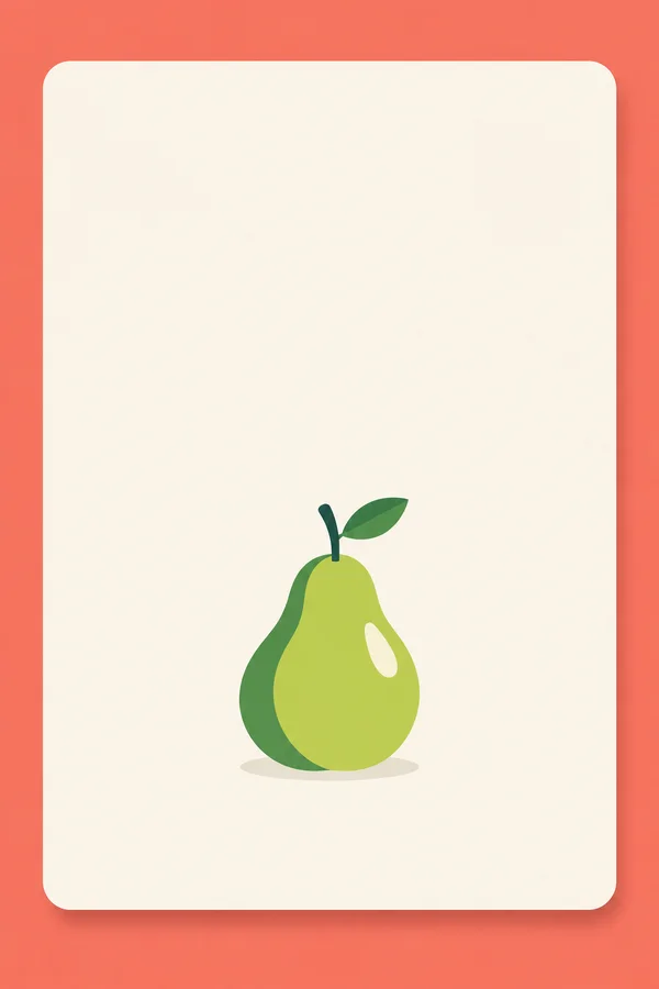 A large ivory rounded card sits against a warm coral background, with a lime-green pear illustration, dark-green shaded side, cream highlight, teal stem and…