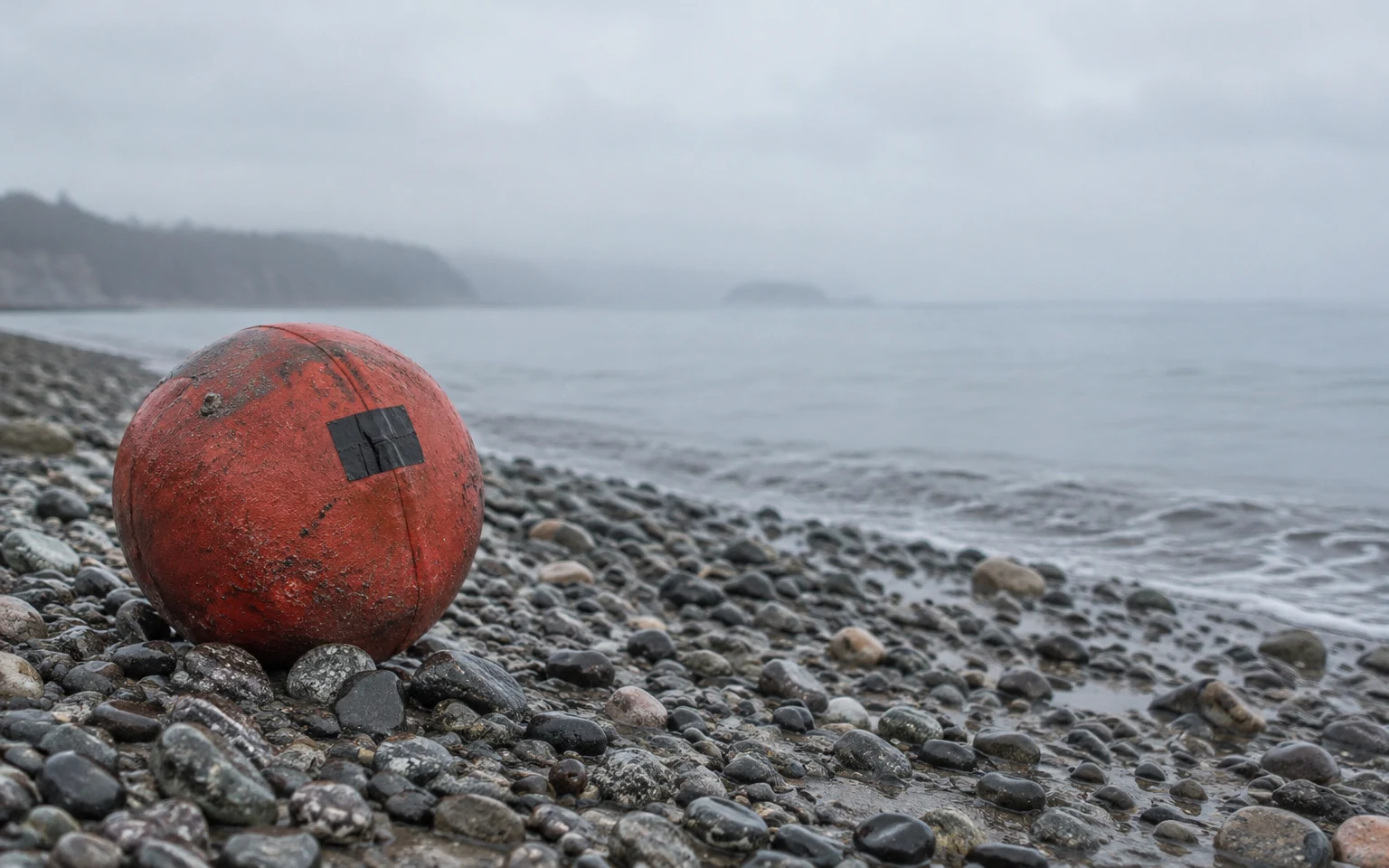 A weathered red-orange rubber ball with a square of black tape rests on wet grey pebbles beside a calm, misty sea; a low headland is visible in the distance on…