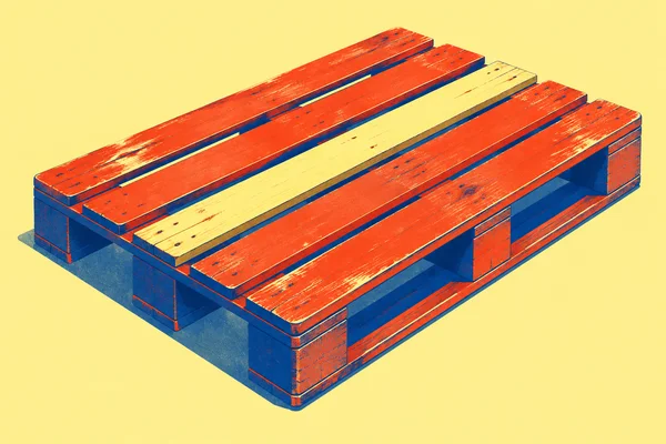 A vivid red-orange wooden shipping pallet viewed from above at a three-quarter angle, with one pale yellow replacement deck board, cobalt-blue supports and…