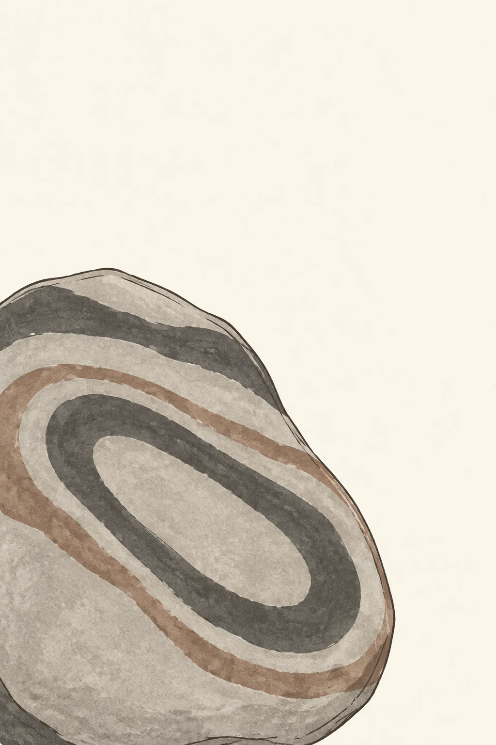 A pale grey, irregular stone form is cropped along the left and bottom edges against warm ivory space.