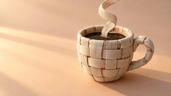 A cream woven-fabric coffee cup with a dark coffee surface sits on a pale apricot tabletop, with a linen strip curling upward from the coffee and extending…