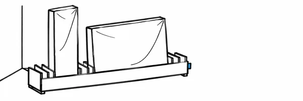 A black marker-style illustration of two large white-sleeved framed canvases standing in a long floor rack, with a small blue tab and sparse room-corner lines…