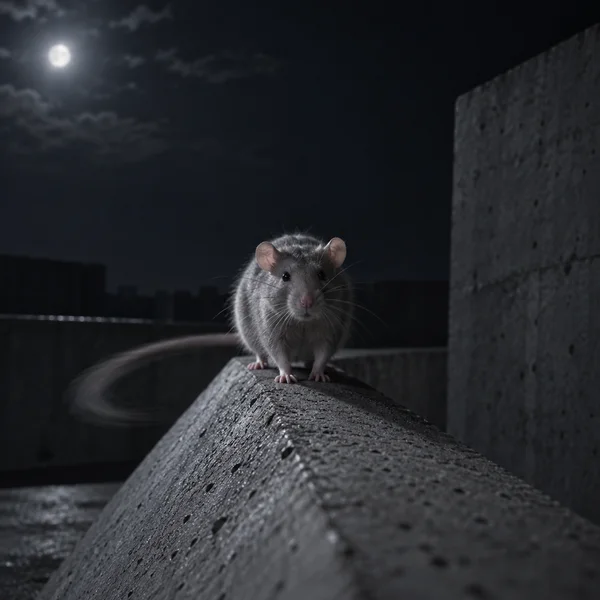 A gray rat faces the camera from the sloping crest of a rough concrete plinth at night, with its long tail swept into a curved blur behind it and a bright moon…