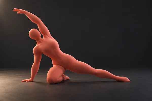 A smooth coral-colored, faceless humanoid figure holds a floor-work dance pose on a charcoal stage, supporting itself on one palm and a bent knee while…
