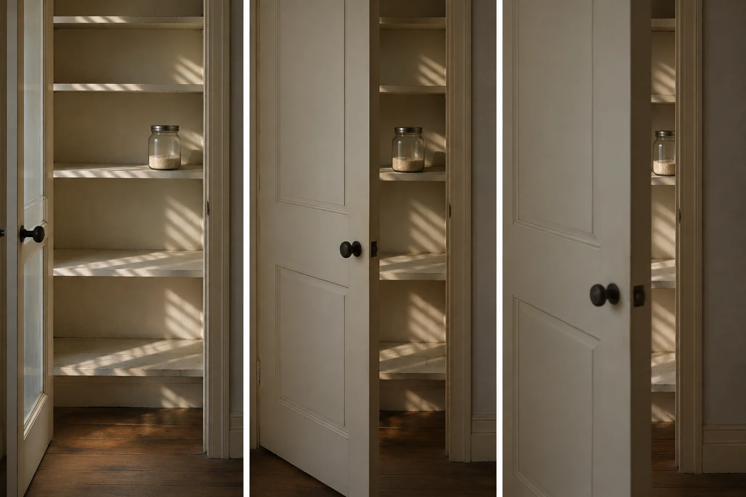 Three side-by-side views of a cream-painted pantry as its door moves from fully open to nearly shut.