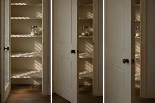 Three side-by-side views of a cream-painted pantry as its door moves from fully open to nearly shut.