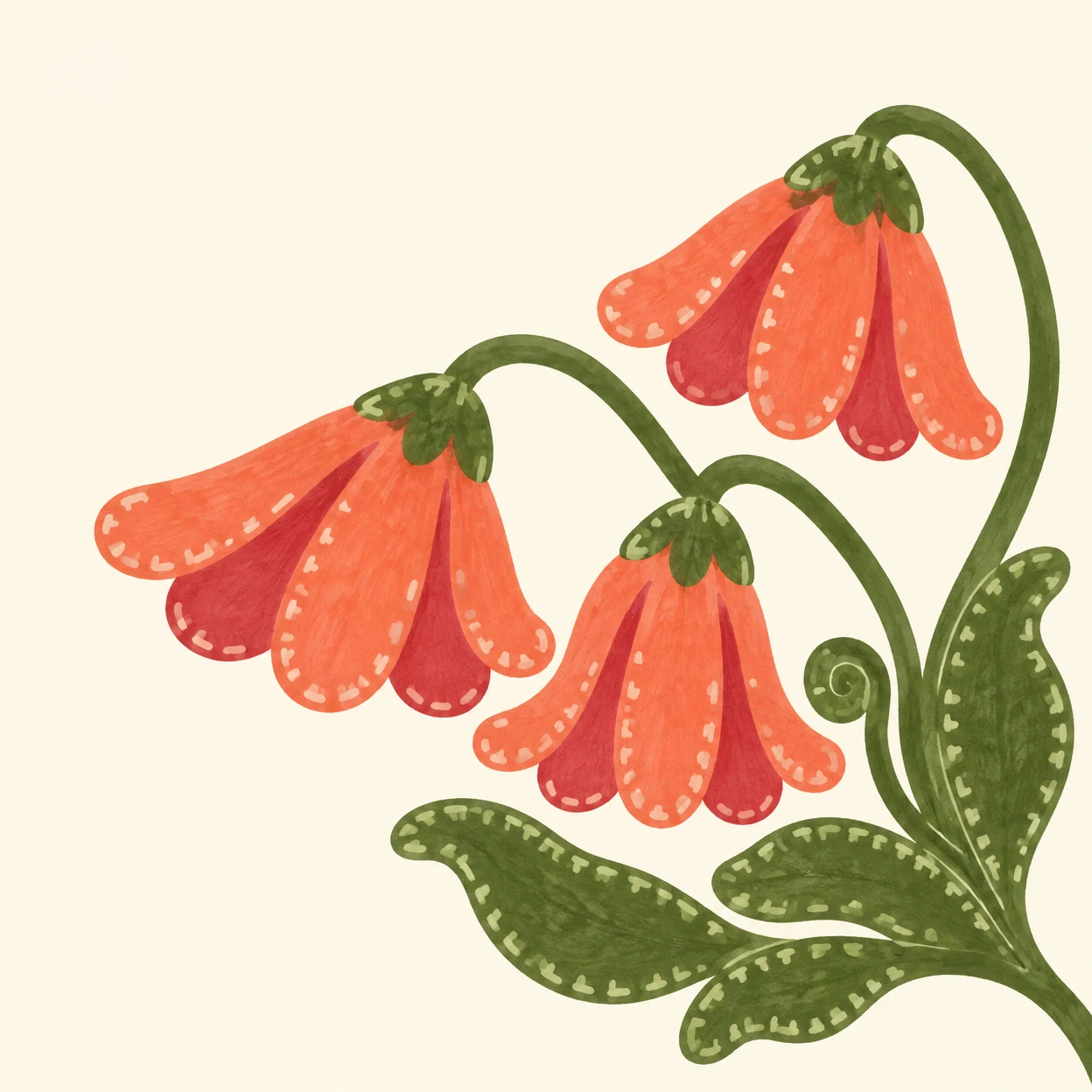 A stylized wildflower cluster on a warm cream background, with three coral and muted raspberry bell-shaped blooms on curved moss-green stems above broad…