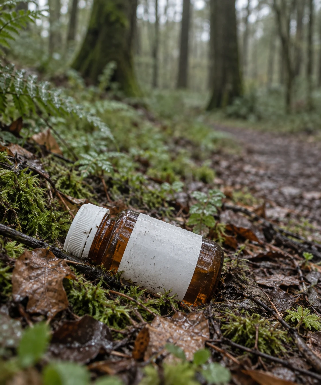 A white-capped amber medicine bottle with a blank white label lies among damp moss, ferns and brown leaf litter beside a softly blurred woodland path.