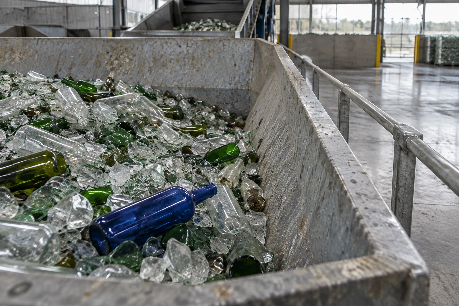 A cobalt-blue bottle lies diagonally among clear and green glass bottles and fragments in a large galvanized-steel hopper.
