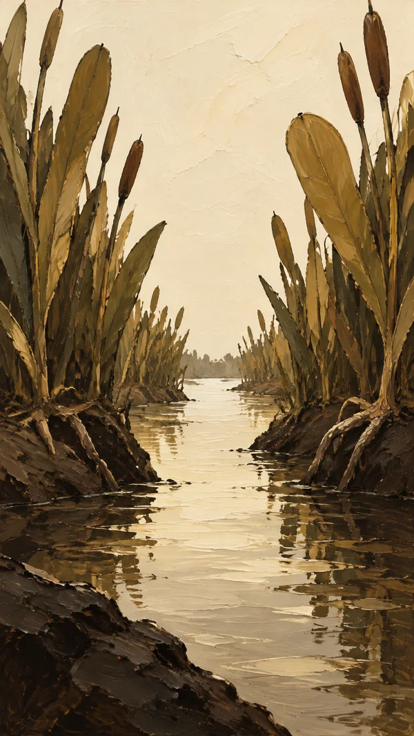 A warm-toned painted marsh channel recedes between dark, densely planted banks, with tall brown cattails framing reflective cream-colored water beneath a broad…
