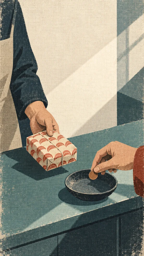 Two cropped hands meet over a muted teal shop counter: one presents a cream parcel with a rust-red scallop pattern, while the other holds a plain copper coin…