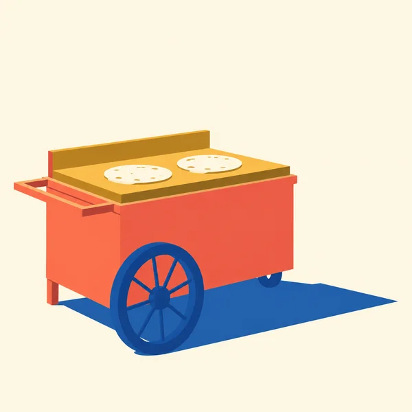 A coral street-food cart with an ochre griddle and two cream flatbreads, shown from a low three-quarter angle against a pale cream background.