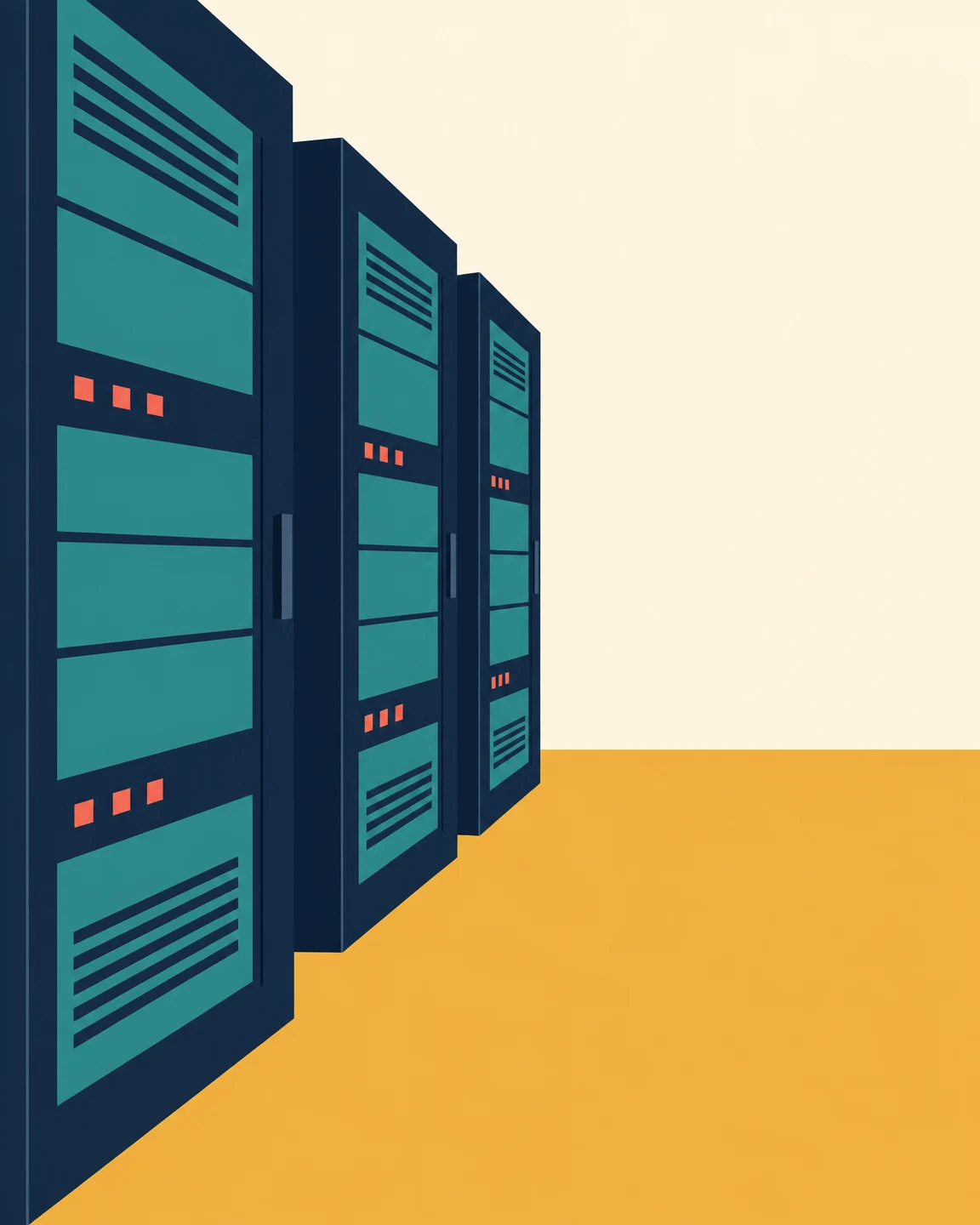 Three navy server cabinets with teal front panels and coral indicator squares recede along the left side of an ochre floor, against a warm-cream wall with open…