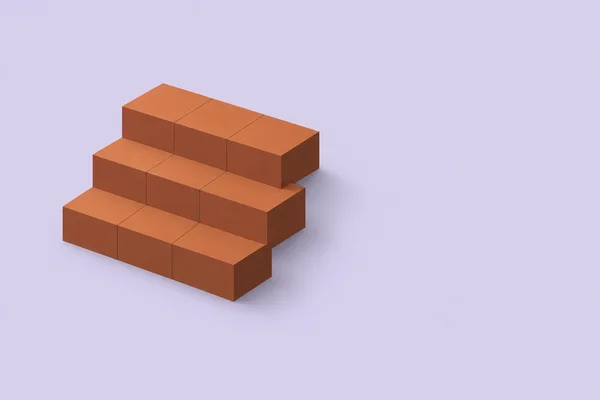 A compact arrangement of rust-orange rectangular blocks forms three staggered stepped rows on a pale lilac background, with a soft shadow extending to the…