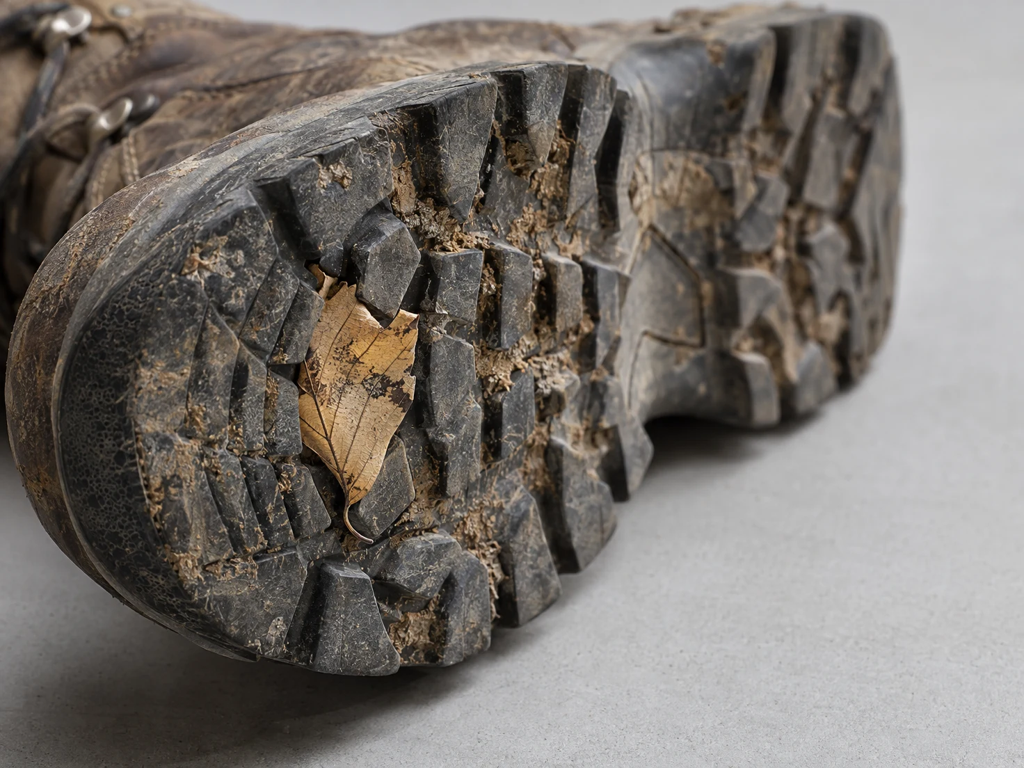 Close view of a worn hiking boot lying on a pale-grey tabletop, its muddy tread facing the camera.