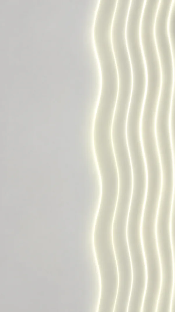 Five softly glowing, gently wavering ivory stripes run vertically across a matte pale-grey field, with broad faintly yellow halos and open space to their left.