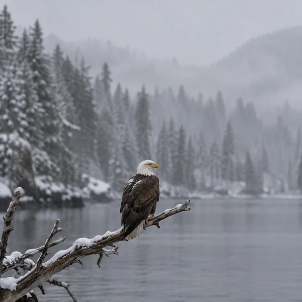 A bald eagle perches in profile on a snow-dusted bare branch above a grey river, with blurred snowy conifers and mist in the background.