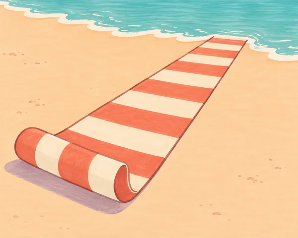 A long coral-and-cream striped mat stretches diagonally across pale peach sand toward a turquoise shoreline, with its near end curled into a large rounded roll…