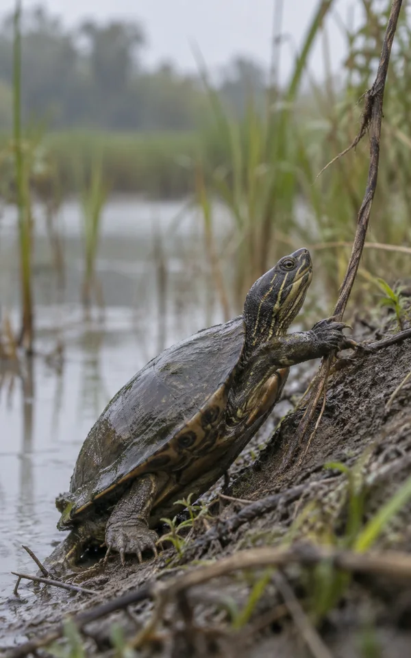 A dark, striped freshwater turtle climbs a muddy wetland bank, gripping a hanging woody root with one foreleg; reeds and pale water blur in the background.