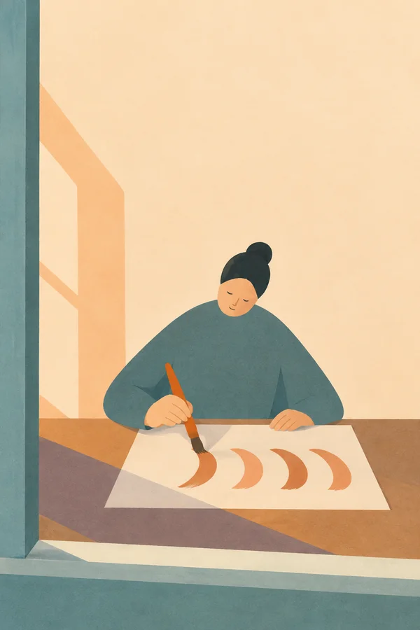 A person in a muted teal top paints several orange curved strokes on a large cream sheet at a wooden table, viewed through an open window with a teal frame and…