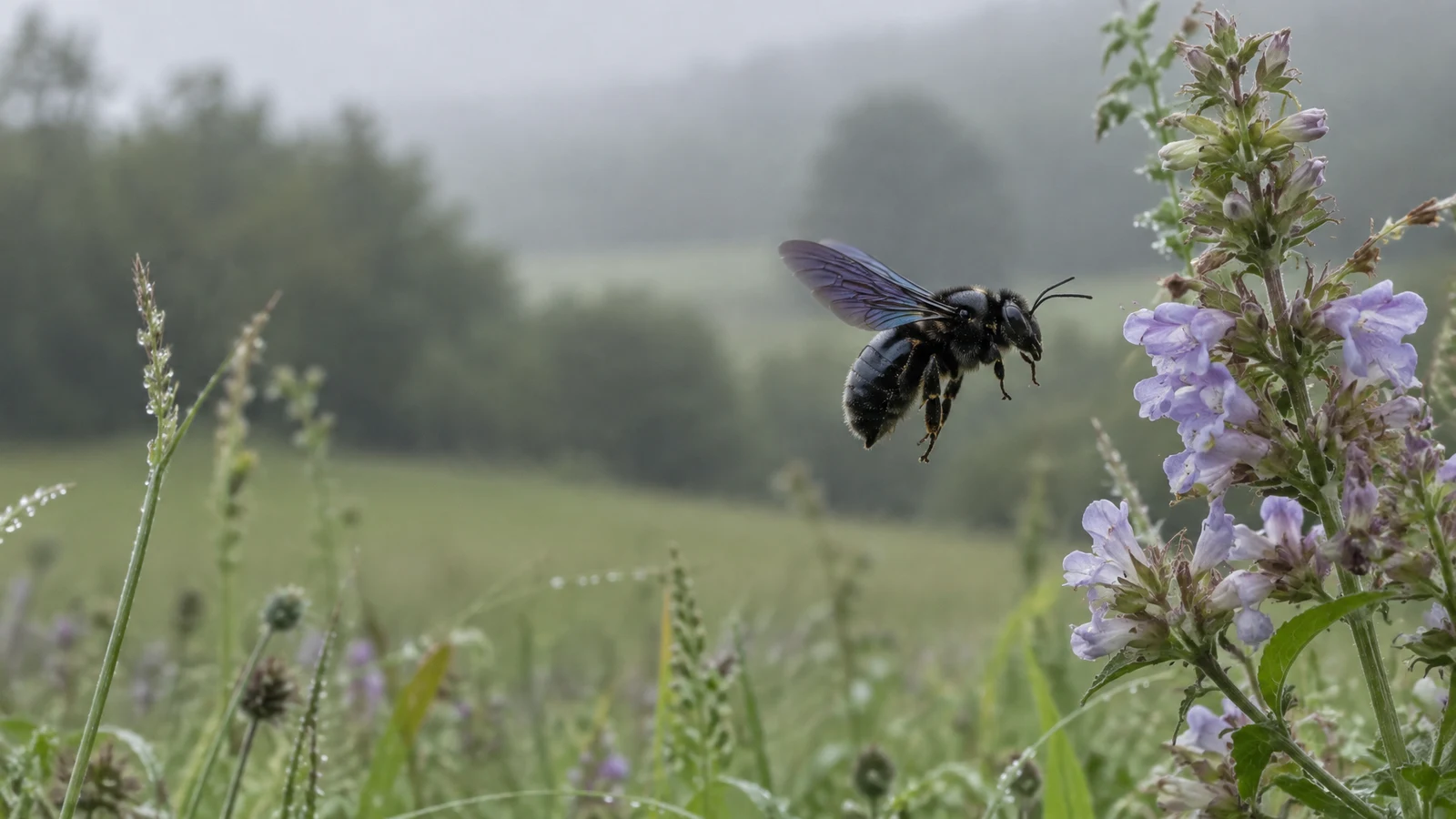 A glossy black bee hovers beside a pale lilac flower spike in a damp meadow, with grasses and a softly blurred hedgerow behind it and open space to the left.