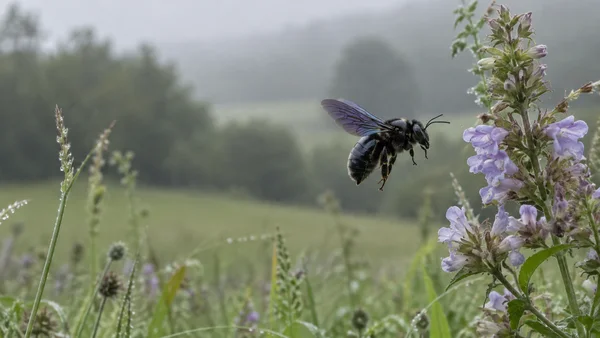 A glossy black bee hovers beside a pale lilac flower spike in a damp meadow, with grasses and a softly blurred hedgerow behind it and open space to the left.