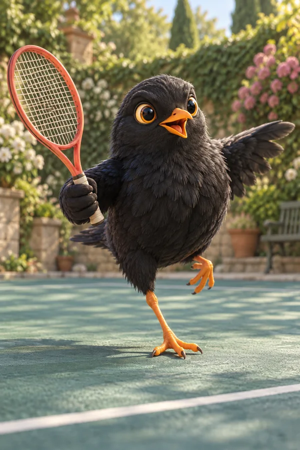 A round charcoal-black bird with large golden-ringed eyes and an open orange bill balances on one orange foot on a teal garden court, holding a coral tennis…