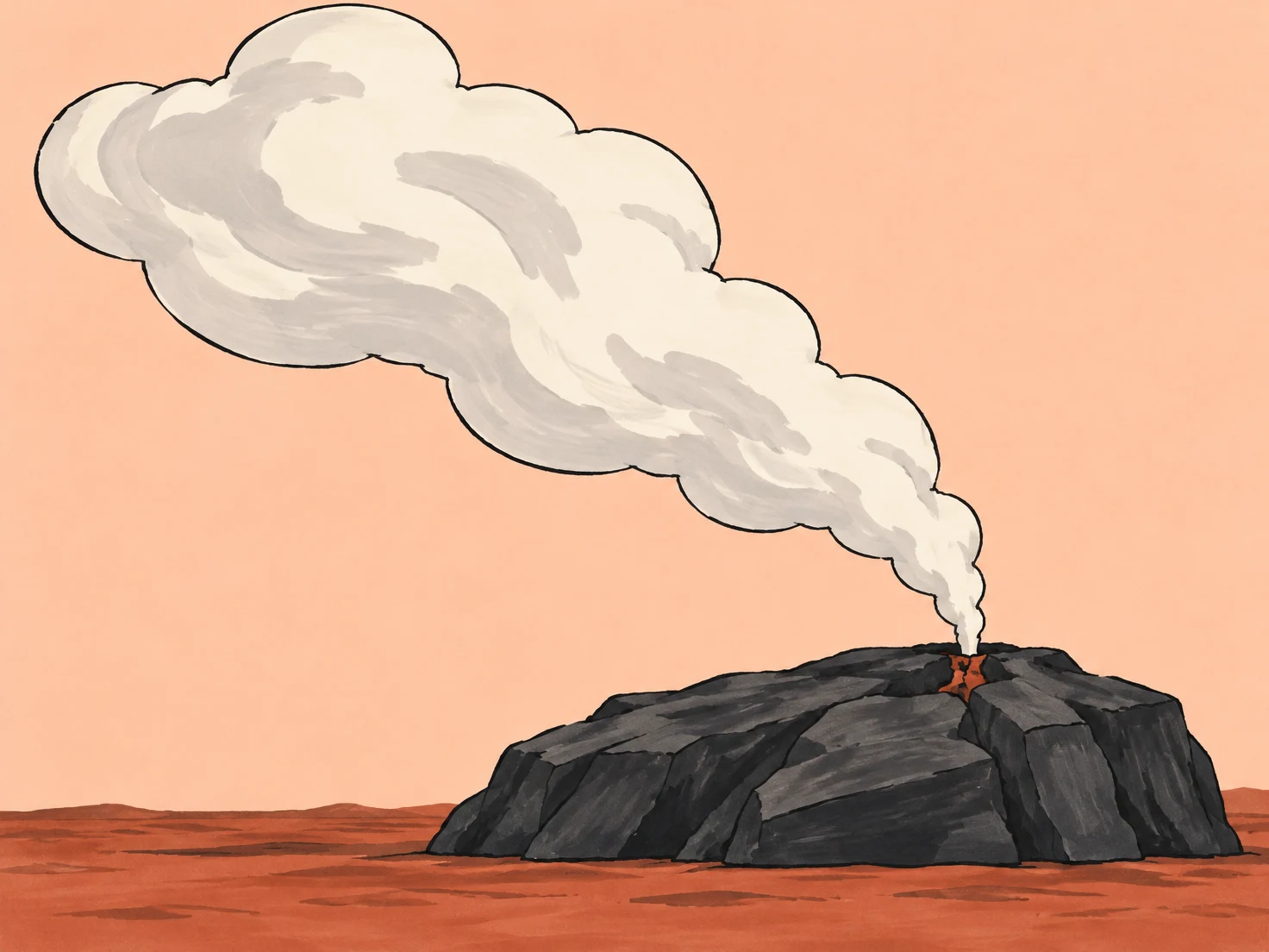 A dark charcoal rock formation sits on a terracotta plain beneath a pale peach sky, with a large cream plume of steam curling up and left from a small…