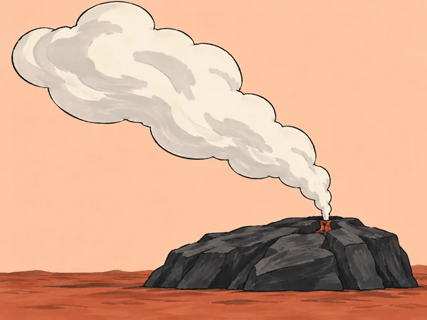 A dark charcoal rock formation sits on a terracotta plain beneath a pale peach sky, with a large cream plume of steam curling up and left from a small…
