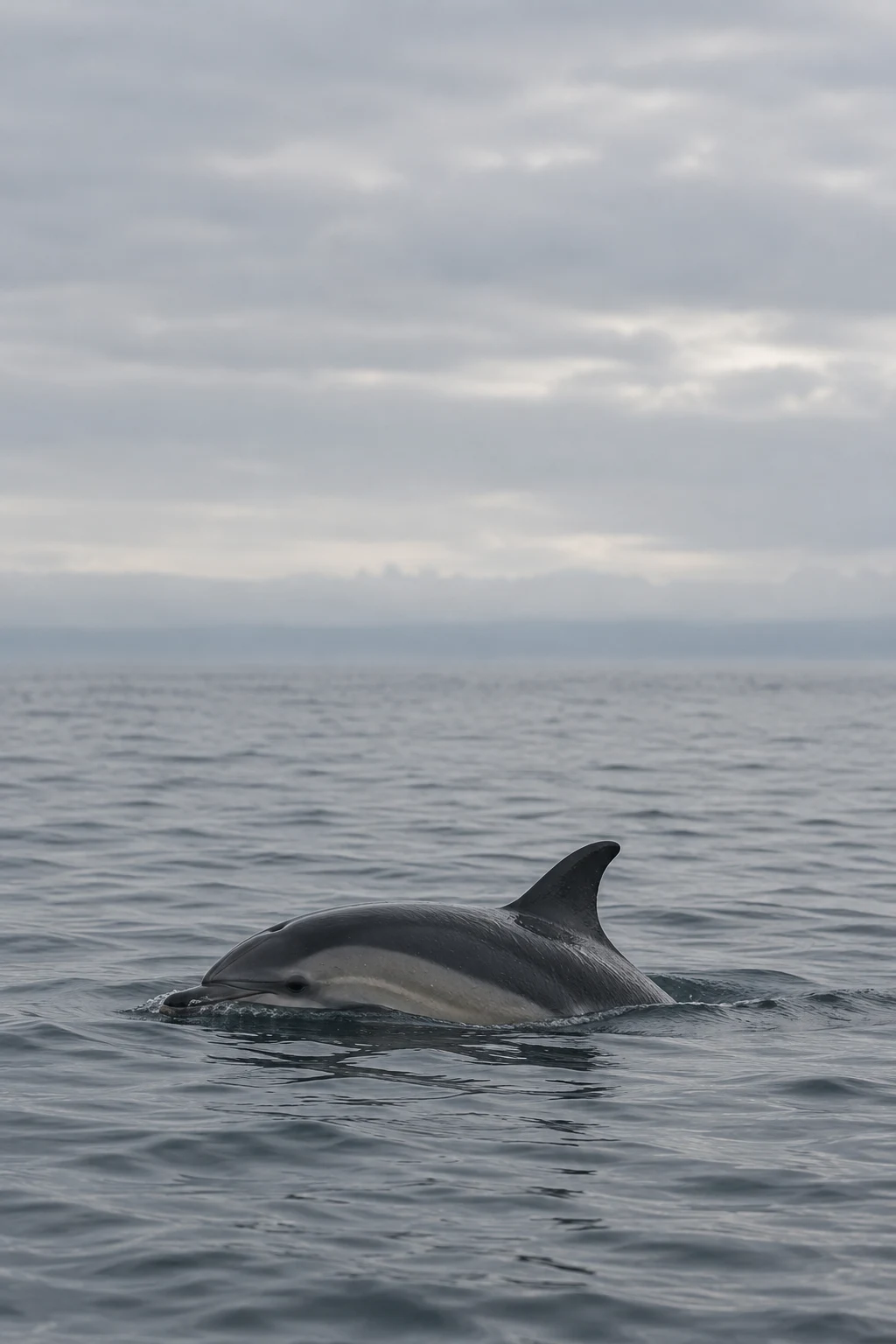 A dolphin surfaces in a calm grey sea, its head, wet back and curved dorsal fin visible beneath a cloudy sky.