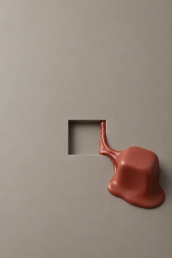 A glossy brick-red wax form pools to the right of a square recess in a warm-grey surface, joined to it by a narrow raised strip; the composition leaves broad…