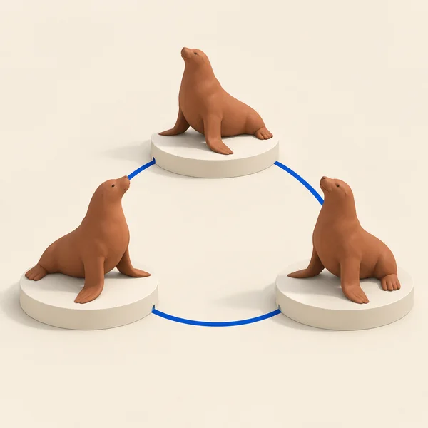 Three terracotta sea-lion sculptures sit on ivory circular plinths in a triangular arrangement, linked by a cobalt-blue line on a warm ivory floor.