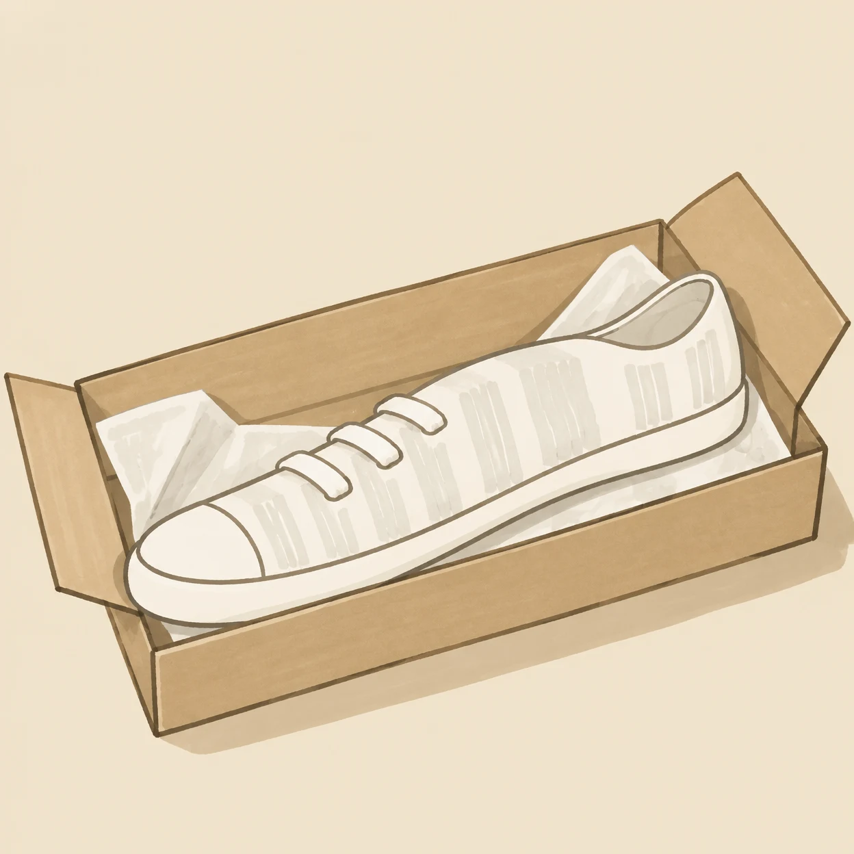 A long white sneaker with three broad lace strokes lies diagonally in a shallow sand-coloured carton lined with crumpled white tissue, against a pale sand…