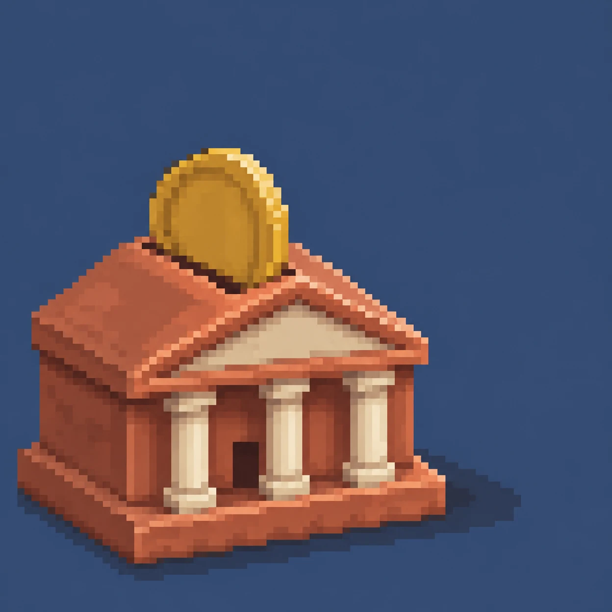 A blocky terracotta civic-hall-shaped coin bank with three ivory columns and a dark entrance, shown from above at a three-quarter angle.